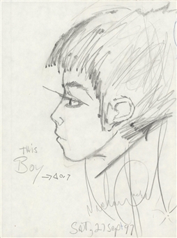 Michael Jackson Original Hand Drawn and Signed "This Boy" 8x10 Pencil Sketch Dated Sept 27, 1997 (Beckett) 